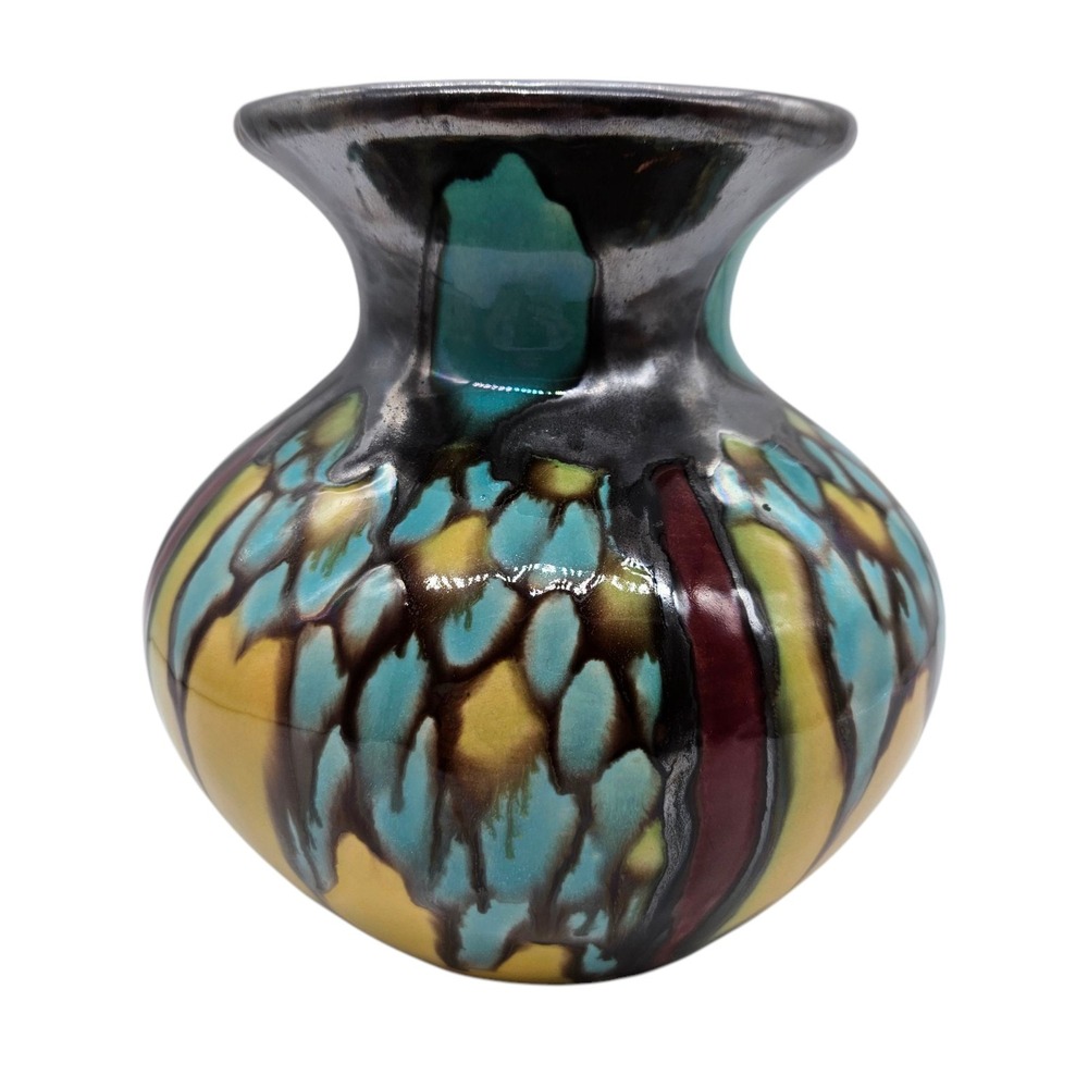 Antique Art Deco Henri Delcourt Drip Glaze Vase Pottery HD Signed Made in France